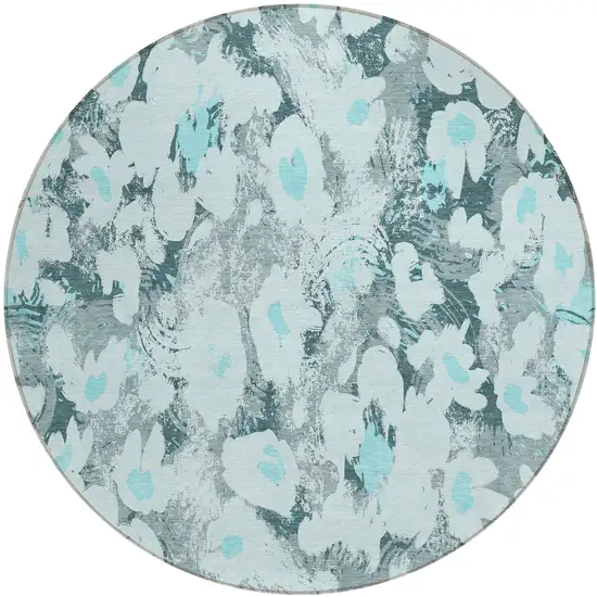 Teal Round Floral Washable Non Skid Indoor Outdoor Area Rug Photo 2
