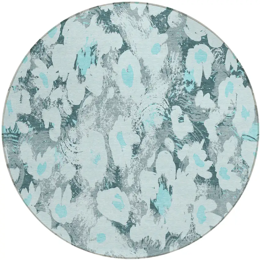 Teal Round Floral Washable Non Skid Indoor Outdoor Area Rug Photo 2
