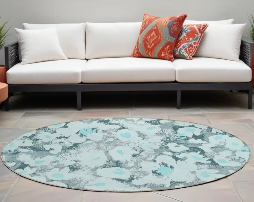 Teal Round Floral Washable Non Skid Indoor Outdoor Area Rug Photo 1