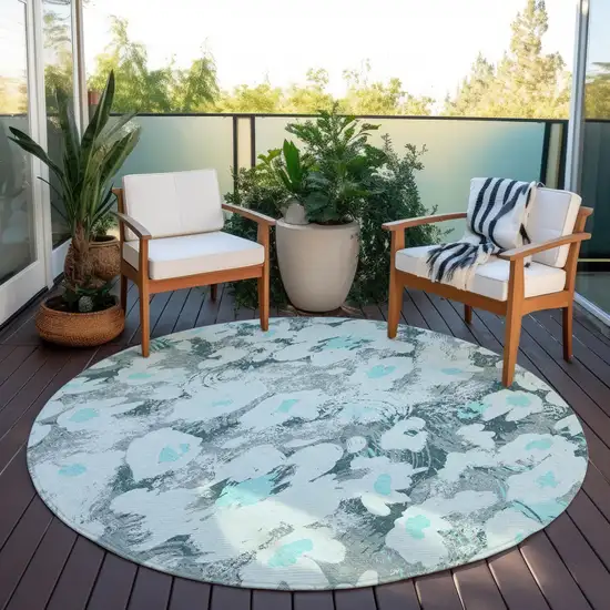 Teal Round Floral Washable Non Skid Indoor Outdoor Area Rug Photo 6