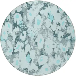 Photo of 8' Round Teal Round Floral Washable Non Skid Indoor Outdoor Area Rug
