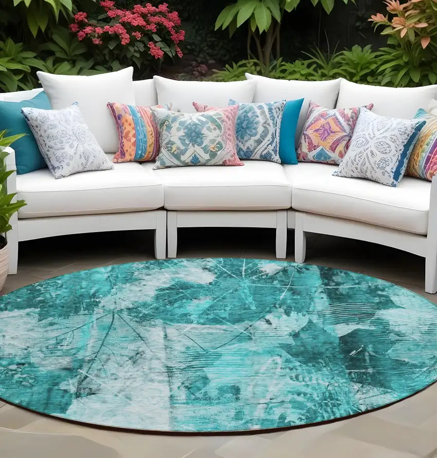 8' Round Teal Round Floral Washable Non Skid Indoor Outdoor Area Rug Photo 1