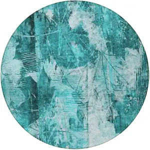 Photo of 8' Round Teal Round Floral Washable Non Skid Indoor Outdoor Area Rug