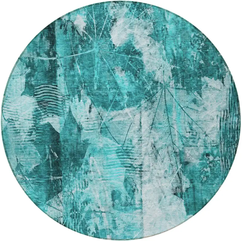 8' Round Teal Round Floral Washable Non Skid Indoor Outdoor Area Rug Photo 5