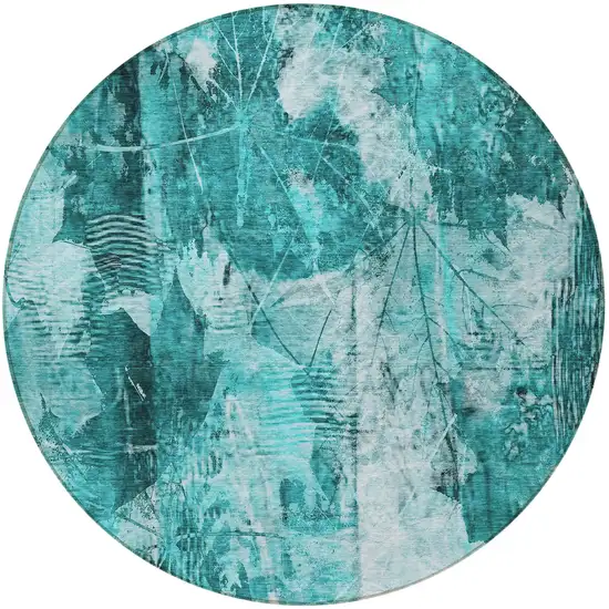 Teal Round Floral Washable Non Skid Indoor Outdoor Area Rug Photo 5