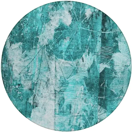 8' Round Teal Round Floral Washable Non Skid Indoor Outdoor Area Rug Photo 2