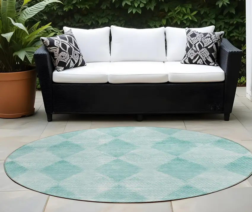 8' Round Teal Round Geometric Washable Non Skid Indoor Outdoor Area Rug Photo 1