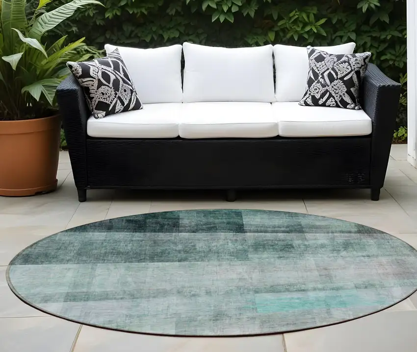 8' Round Teal Round Ombre Washable Non Skid Indoor Outdoor Area Rug Photo 1