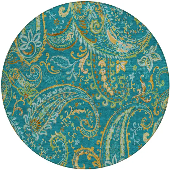 8' Round Teal Round Paisley Washable Non Skid Indoor Outdoor Area Rug Photo 2