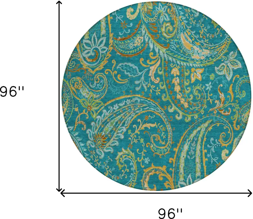 8' Round Teal Round Paisley Washable Non Skid Indoor Outdoor Area Rug Photo 3