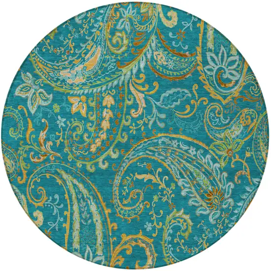 8' Round Teal Round Paisley Washable Non Skid Indoor Outdoor Area Rug Photo 4