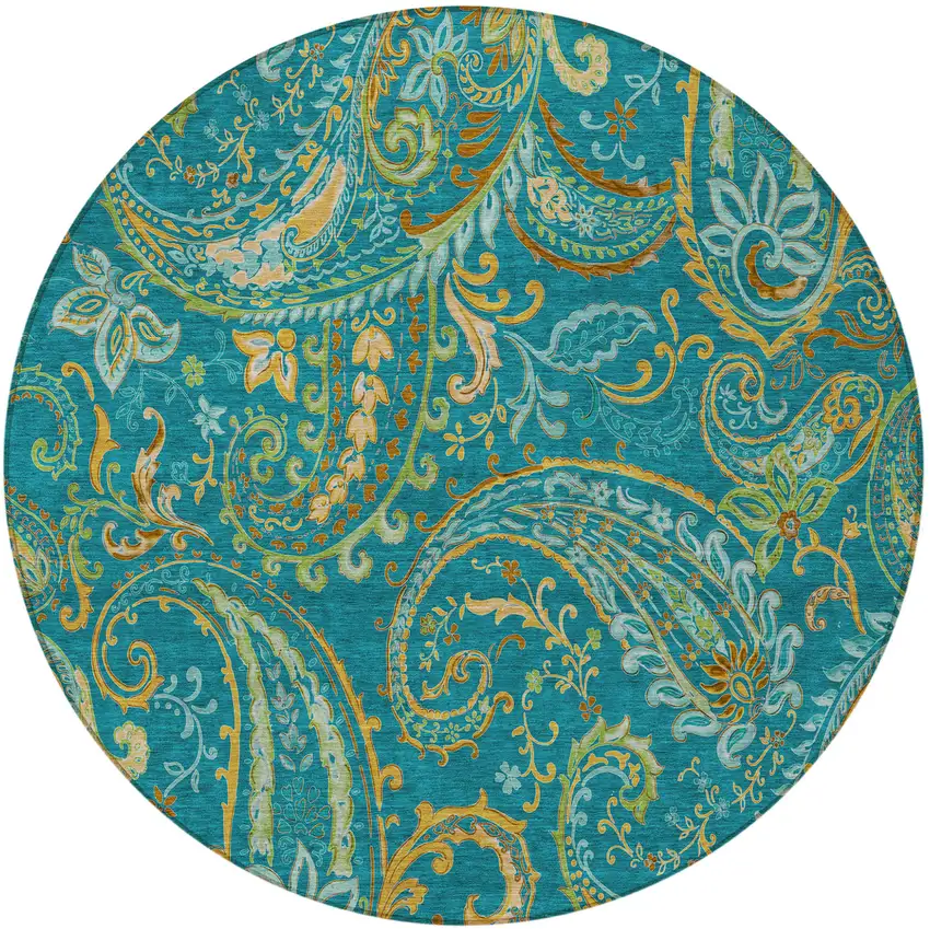 8' Round Teal Round Paisley Washable Non Skid Indoor Outdoor Area Rug Photo 4