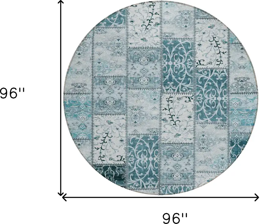 8' Round Teal Round Patchwork Washable Non Skid Indoor Outdoor Area Rug Photo 3