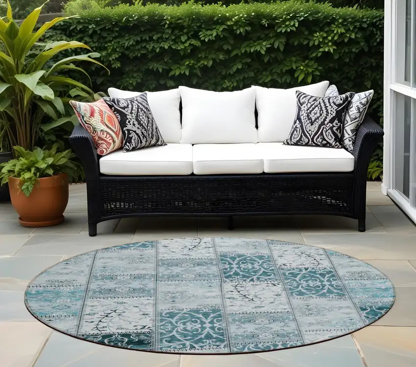 8' Round Teal Round Patchwork Washable Non Skid Indoor Outdoor Area Rug Photo 1