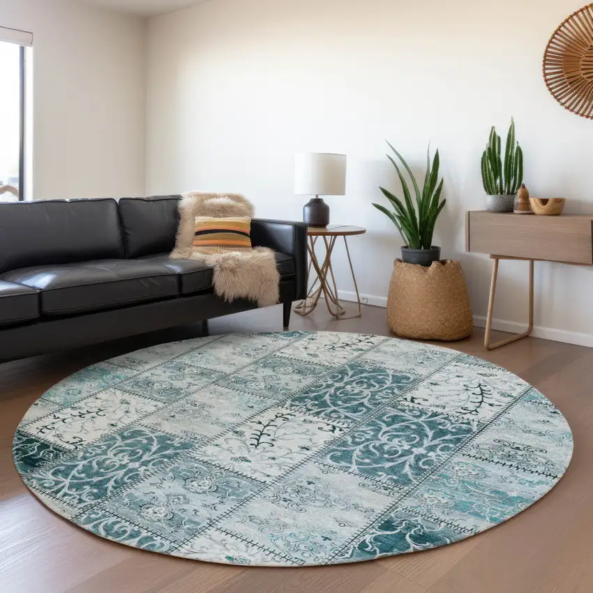 Teal Round Patchwork Washable Non Skid Indoor Outdoor Area Rug Photo 8