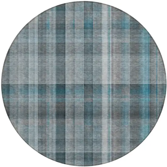 8' Round Teal Round Plaid Washable Non Skid Indoor Outdoor Area Rug Photo 2