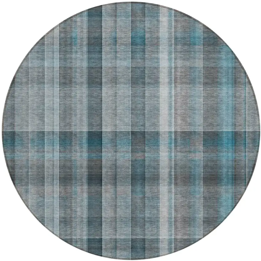 8' Round Teal Round Plaid Washable Non Skid Indoor Outdoor Area Rug Photo 2