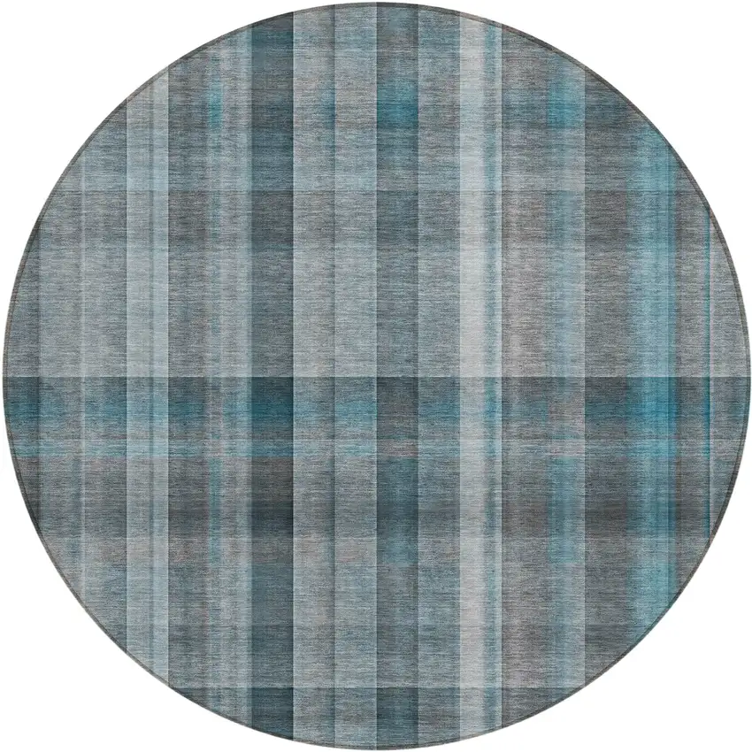 8' Round Teal Round Plaid Washable Non Skid Indoor Outdoor Area Rug Photo 2