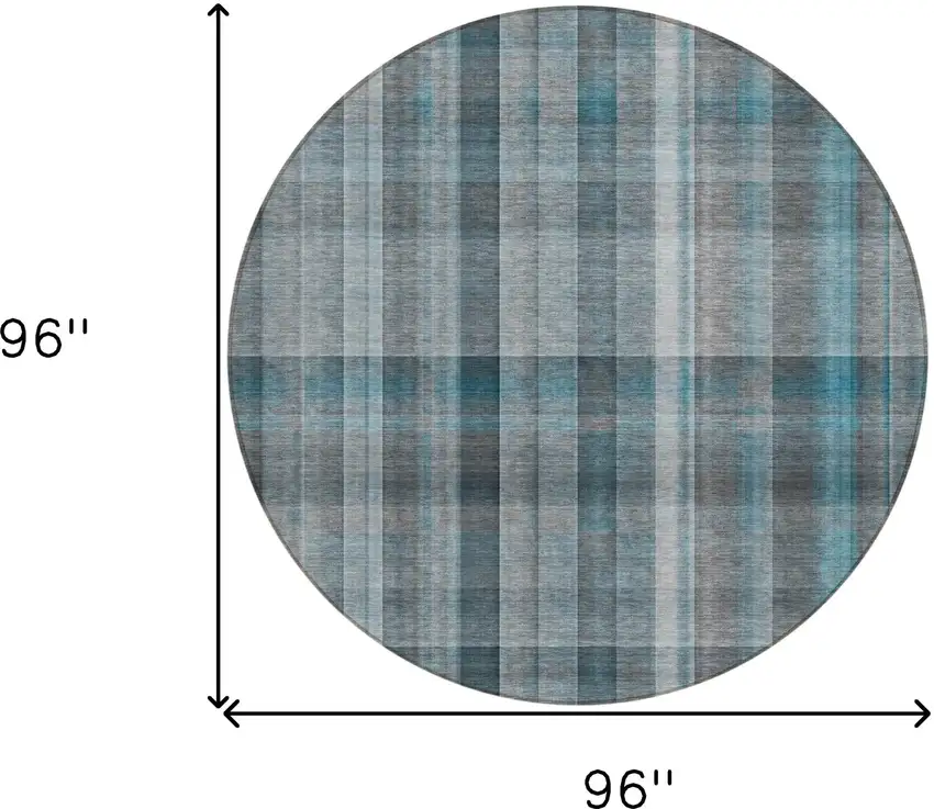 8' Round Teal Round Plaid Washable Non Skid Indoor Outdoor Area Rug Photo 3