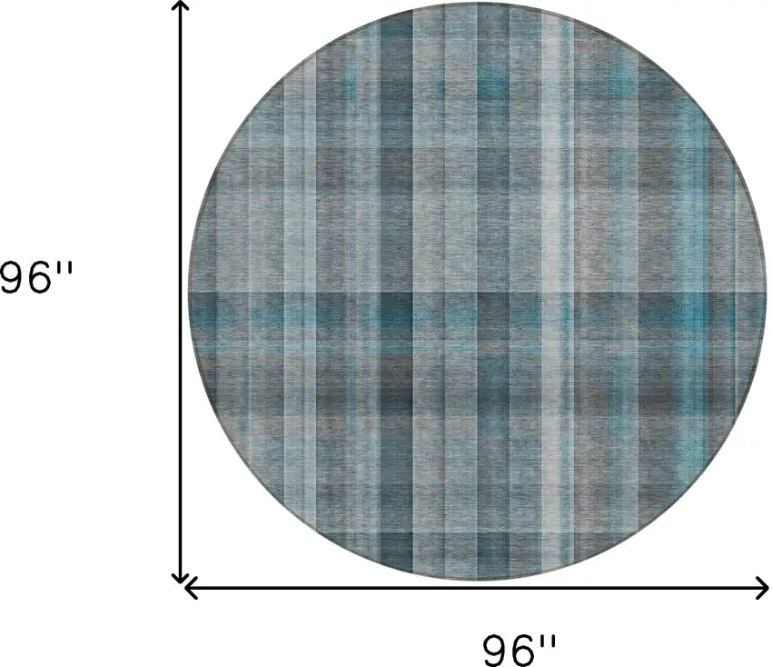 8' Round Teal Round Plaid Washable Non Skid Indoor Outdoor Area Rug Photo 3