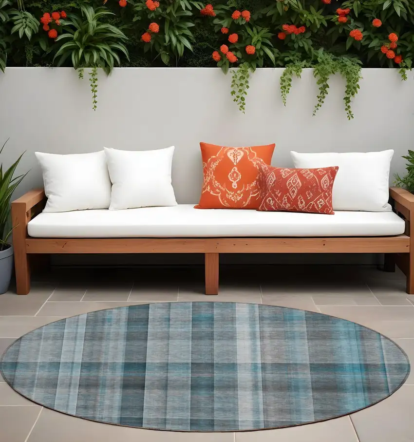 8' Round Teal Round Plaid Washable Non Skid Indoor Outdoor Area Rug Photo 1