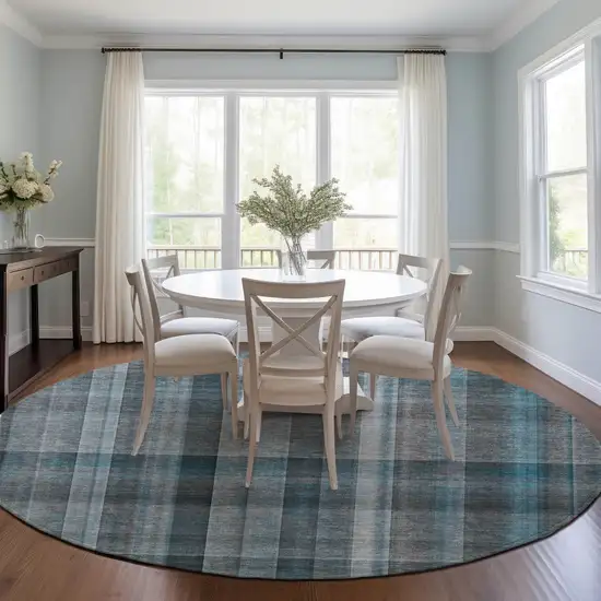 Teal Round Plaid Washable Non Skid Indoor Outdoor Area Rug Photo 9