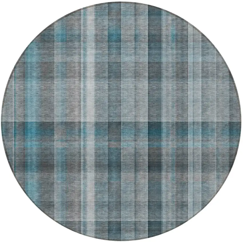 Teal Round Plaid Washable Non Skid Indoor Outdoor Area Rug Photo 5
