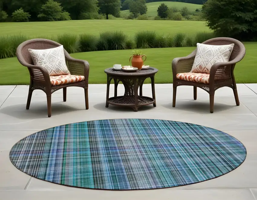 Blue Teal and Gray Round Plaid Washable Non Skid Indoor Outdoor Area Rug Photo 1