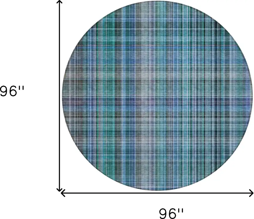 8' Round Teal Round Plaid Washable Non Skid Indoor Outdoor Area Rug Photo 8