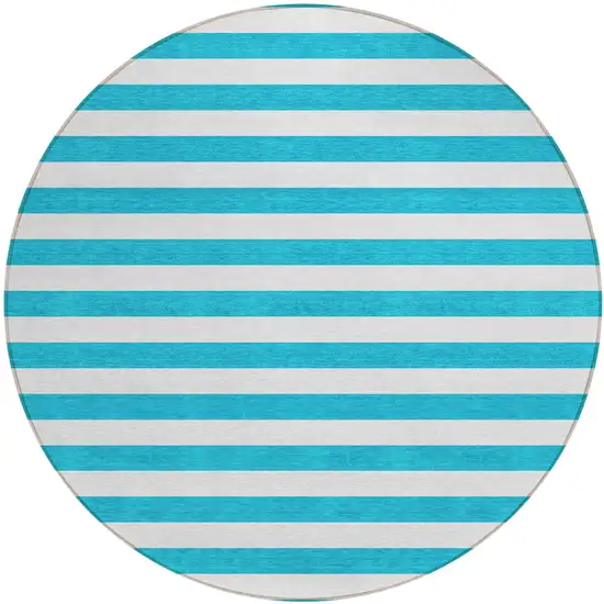 Teal and White Round Striped Washable Indoor Outdoor Area Rug Photo 2
