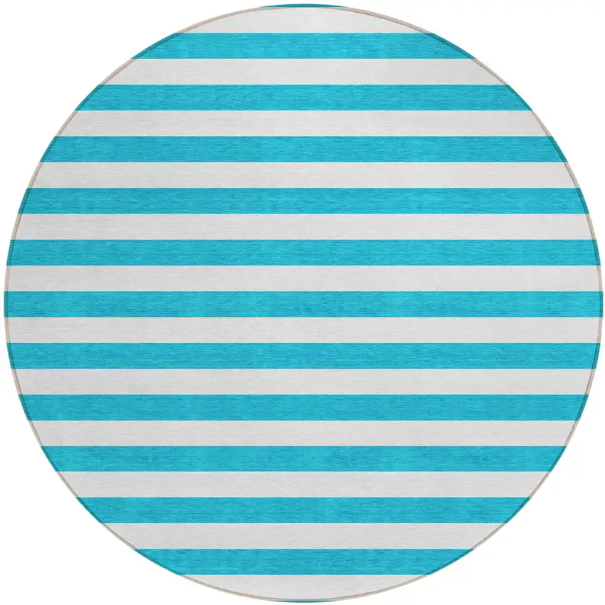 Teal and White Round Striped Washable Indoor Outdoor Area Rug Photo 2