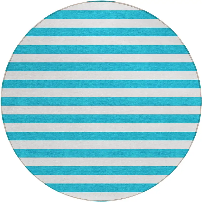 Teal and White Round Striped Washable Indoor Outdoor Area Rug Photo 2
