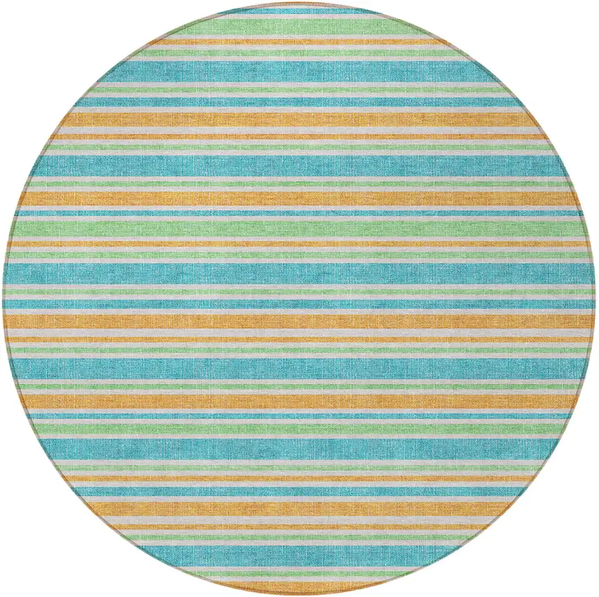8' Round Teal Round Striped Washable Non Skid Indoor Outdoor Area Rug Photo 2