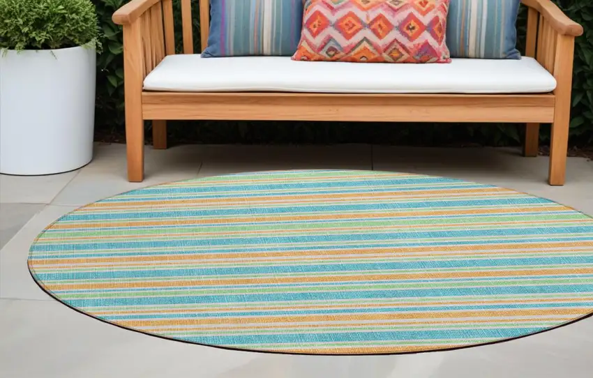 Teal Yellow and Green Round Striped Washable Non Skid Indoor Outdoor Area Rug Photo 1