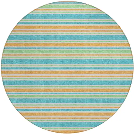 Teal Yellow and Green Round Striped Washable Non Skid Indoor Outdoor Area Rug Photo 2