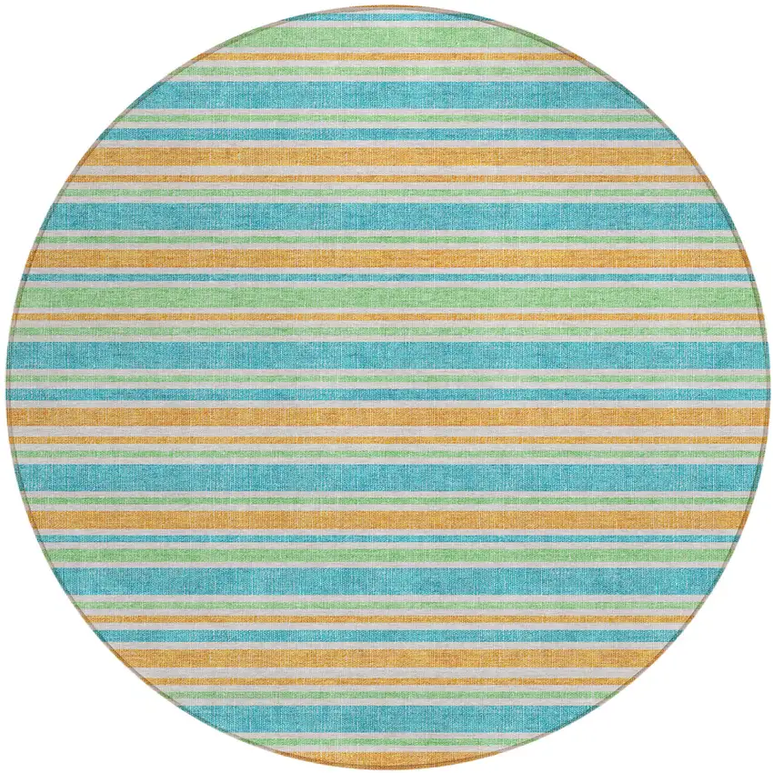 Teal Yellow and Green Round Striped Washable Non Skid Indoor Outdoor Area Rug Photo 2