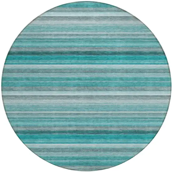 8' Round Teal Round Striped Washable Non Skid Indoor Outdoor Area Rug Photo 2