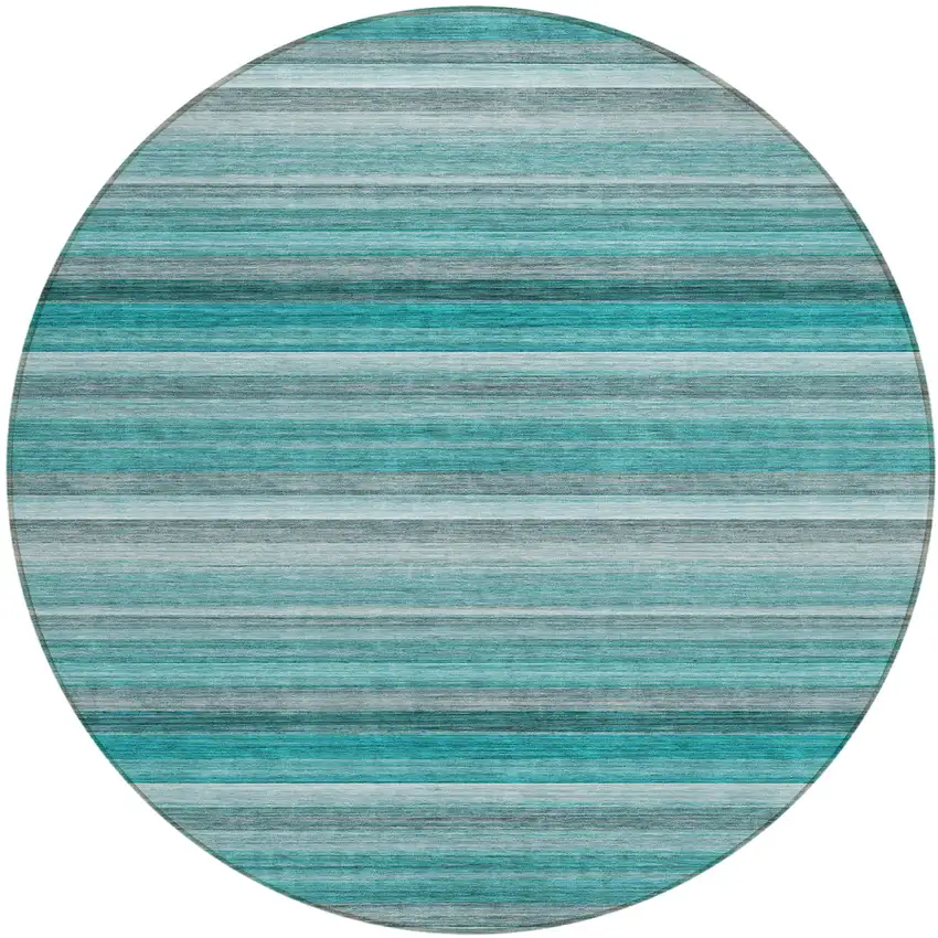 8' Round Teal Round Striped Washable Non Skid Indoor Outdoor Area Rug Photo 2