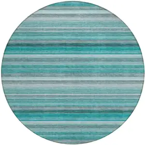 Photo of 8' Round Teal Round Striped Washable Non Skid Indoor Outdoor Area Rug