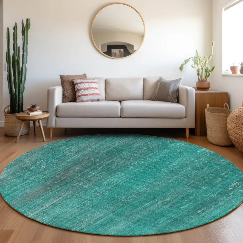 Teal Round Striped Washable Non Skid Indoor Outdoor Area Rug Photo 9