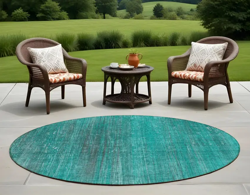 Teal Round Striped Washable Non Skid Indoor Outdoor Area Rug Photo 1