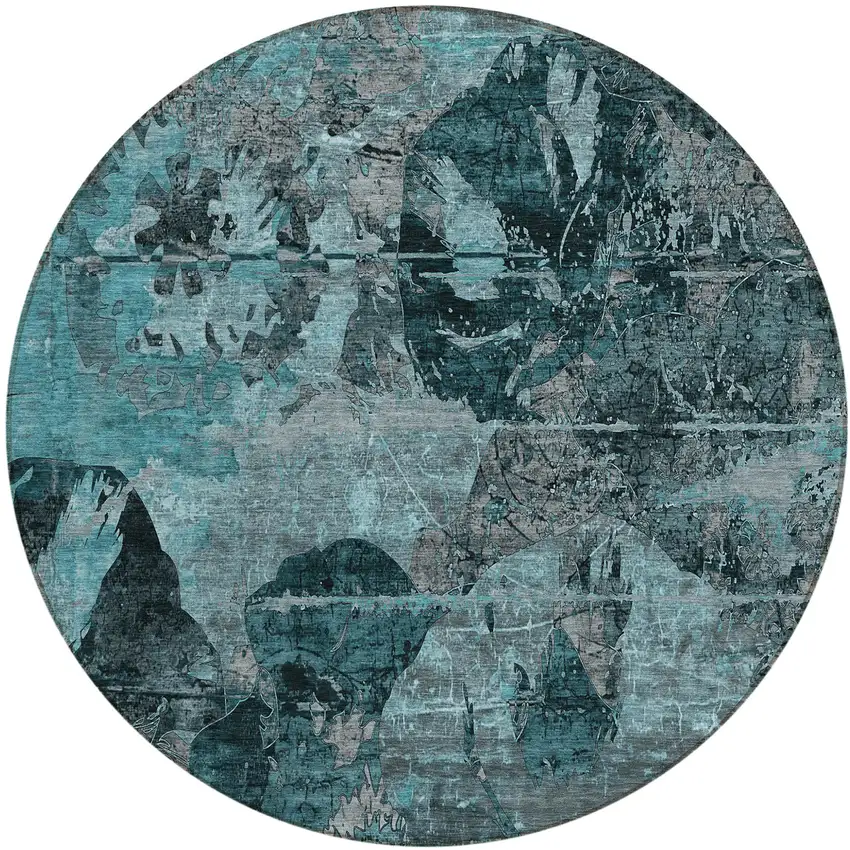 Teal and Gray Round Floral Washable Non Skid Indoor Outdoor Area Rug Photo 2