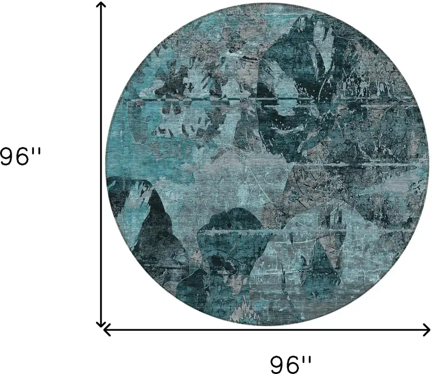 8' Round Teal and Gray Round Floral Washable Non Skid Indoor Outdoor Area Rug Photo 3