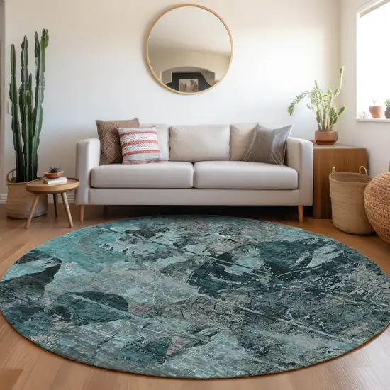 Teal and Gray Round Floral Washable Non Skid Indoor Outdoor Area Rug Photo 9