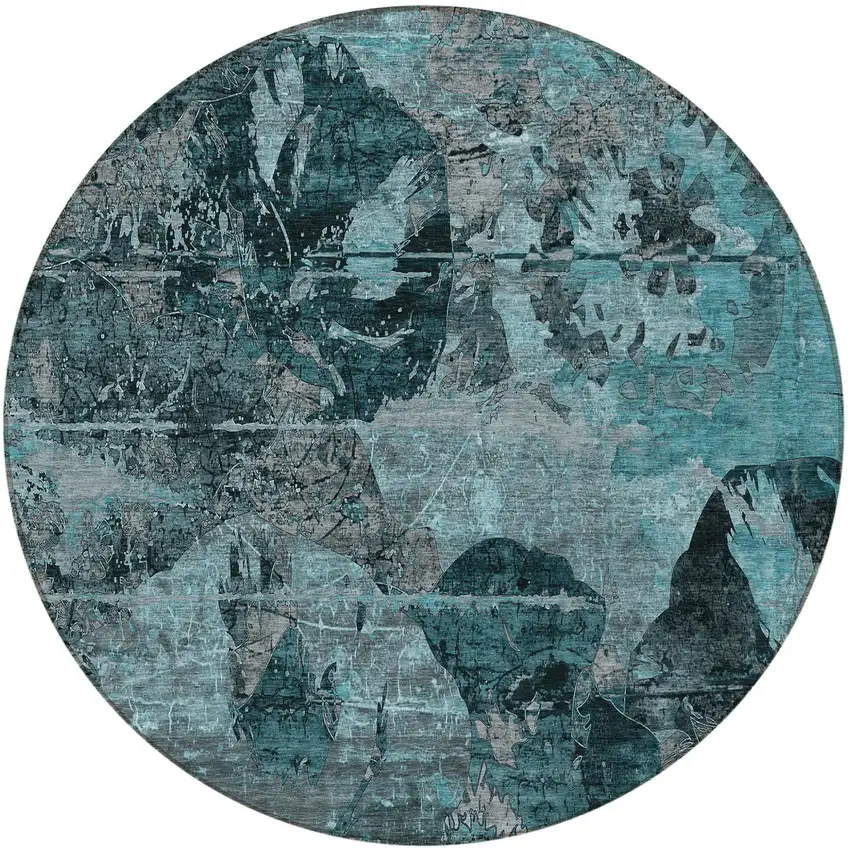 8' Round Teal and Gray Round Floral Washable Non Skid Indoor Outdoor Area Rug Photo 5