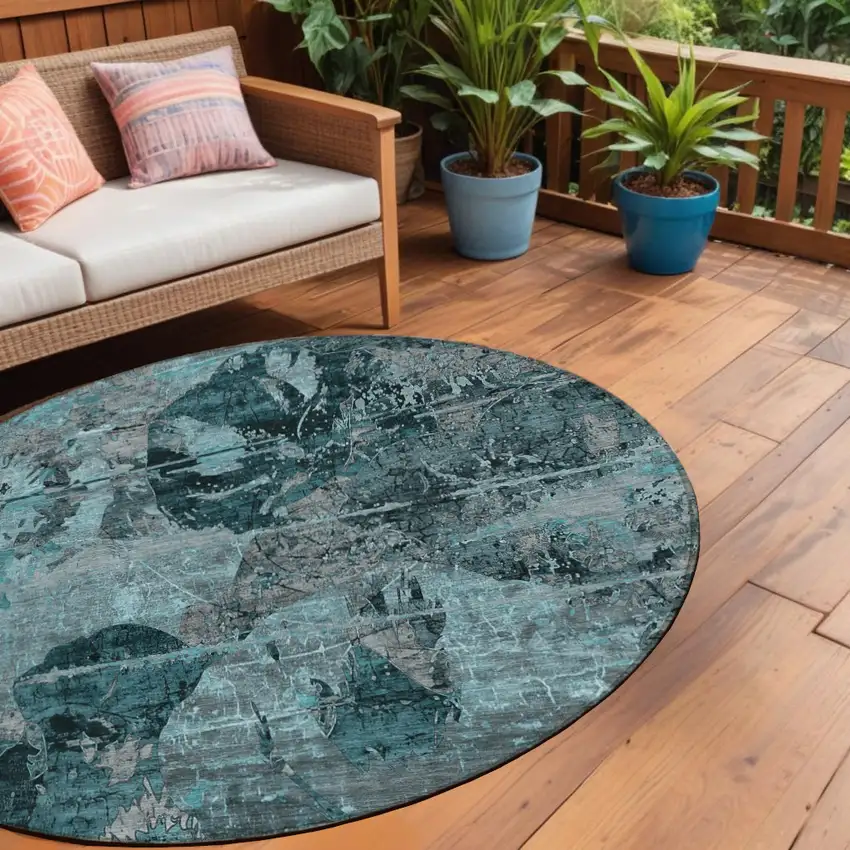 Teal and Gray Round Floral Washable Non Skid Indoor Outdoor Area Rug Photo 1