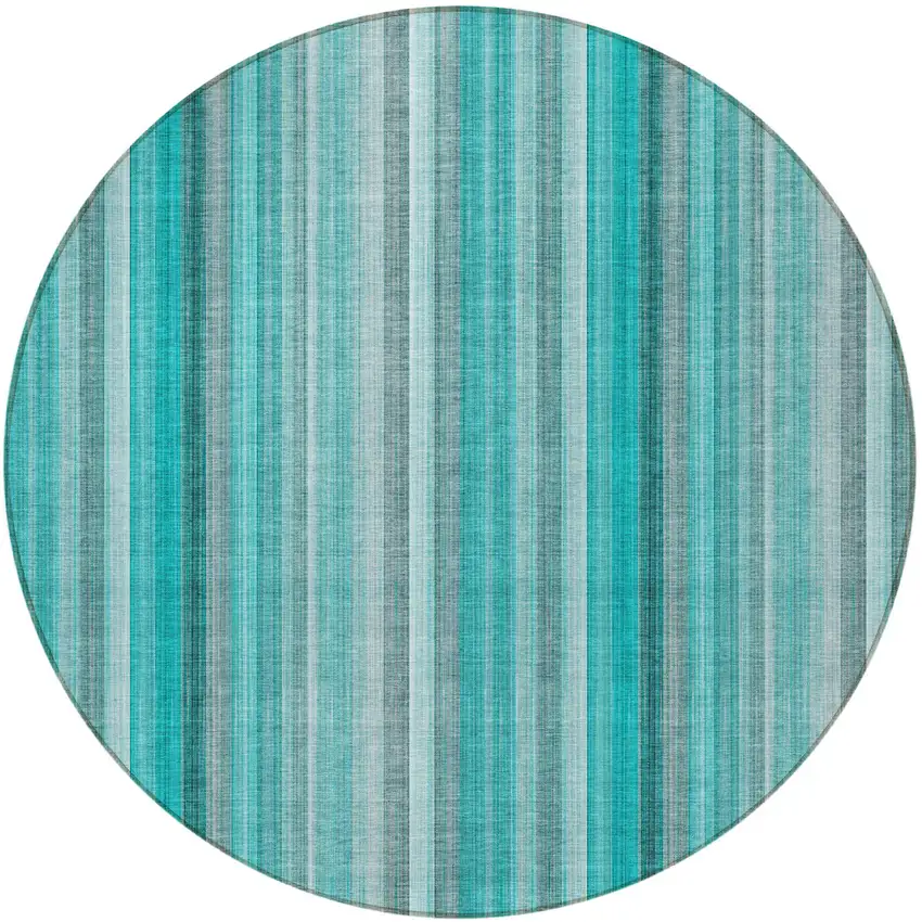 Teal and Gray Round Striped Washable Non Skid Indoor Outdoor Area Rug Photo 5