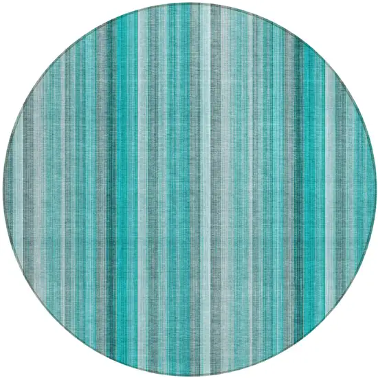 8' Round Teal and Gray Round Striped Washable Non Skid Indoor Outdoor Area Rug Photo 2