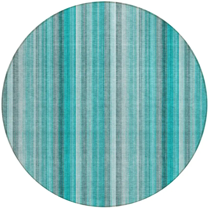 8' Round Teal and Gray Round Striped Washable Non Skid Indoor Outdoor Area Rug Photo 2