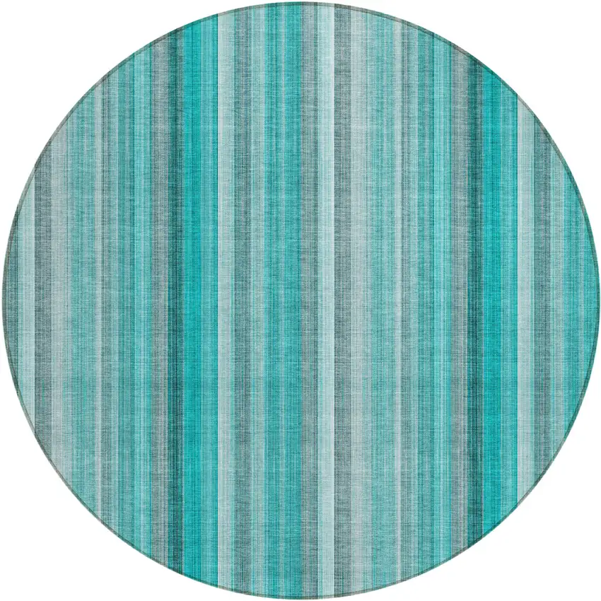 8' Round Teal and Gray Round Striped Washable Non Skid Indoor Outdoor Area Rug Photo 2